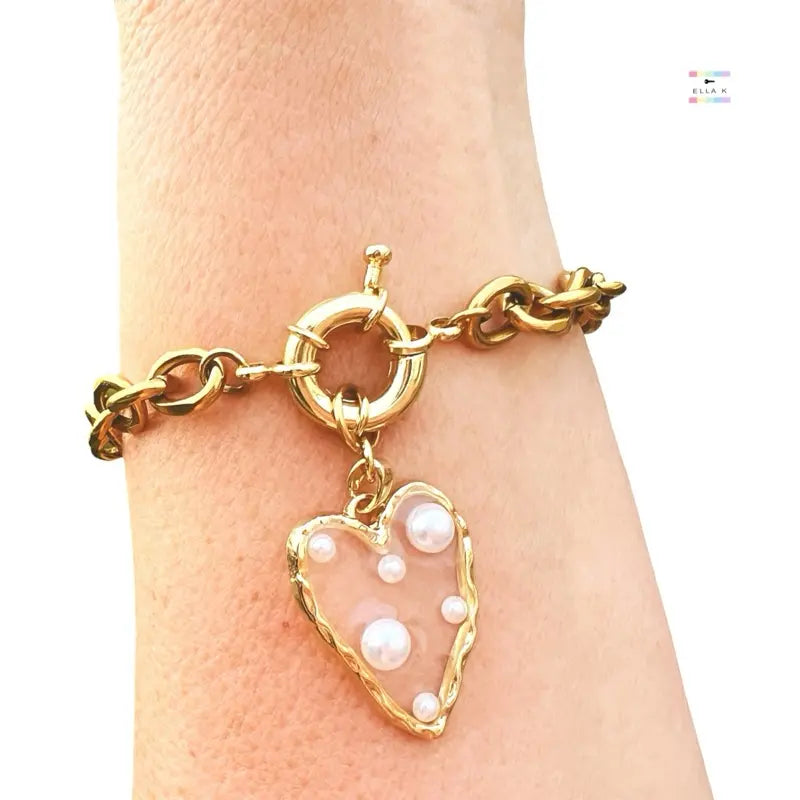 Faux Pearl Heart Charm Gold Chunky Bracelet