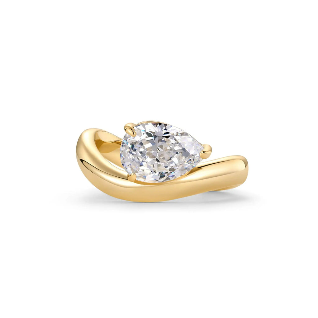 PAVOI 14K Gold Plated Pear Solitaire Premium Cubic Zirconia Engagement Ring for Women | Elegant Faux Wedding Ring | Wavy Band Promise Ring