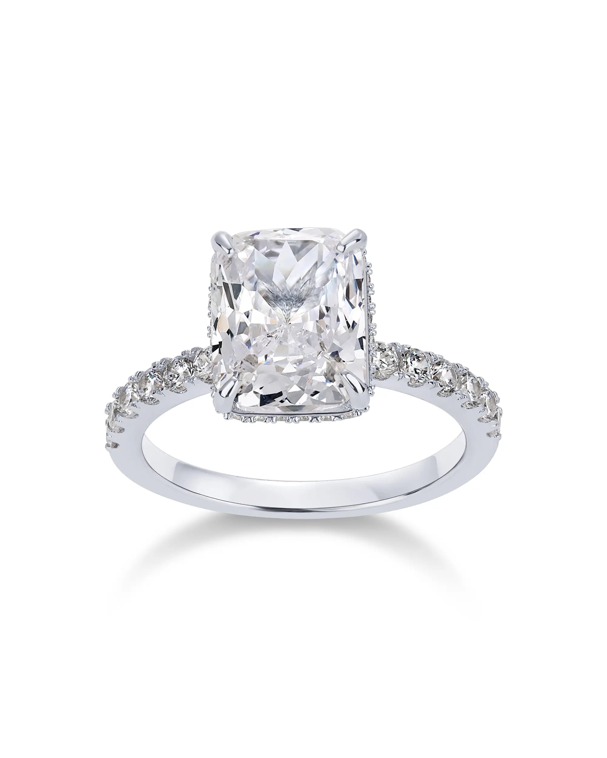PAVOI 14K Gold Plated 3.5CT Square Radiant Cubic Zirconia Engagement and Promise Ring for Women with Hidden Halo Design