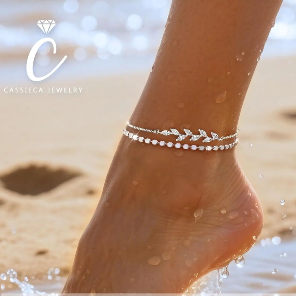Cassieca Adjustable Silver Ankle Bracelet - 2PC Stackable