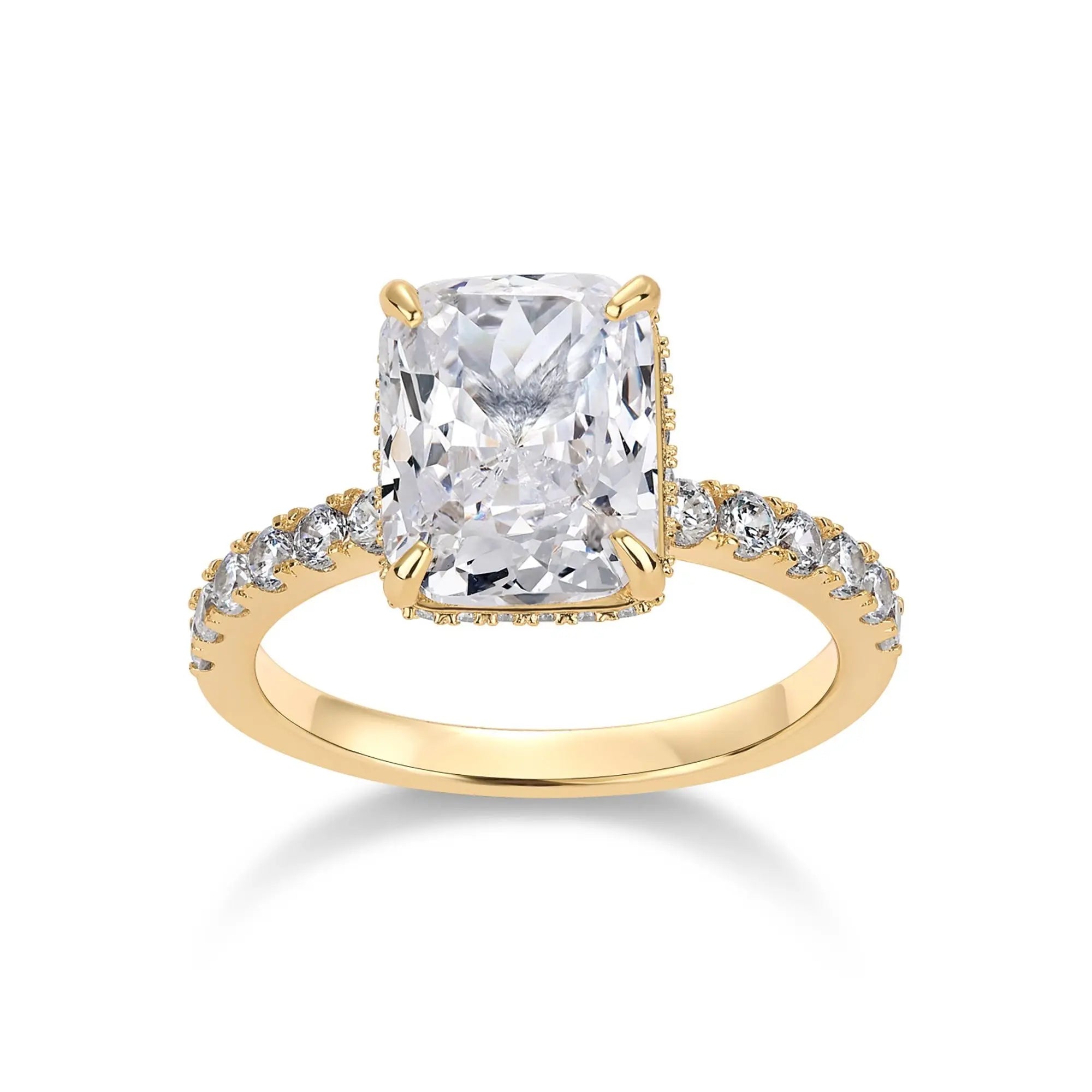 PAVOI 14K Gold Plated 3.5CT Square Radiant Cubic Zirconia Engagement and Promise Ring for Women with Hidden Halo Design