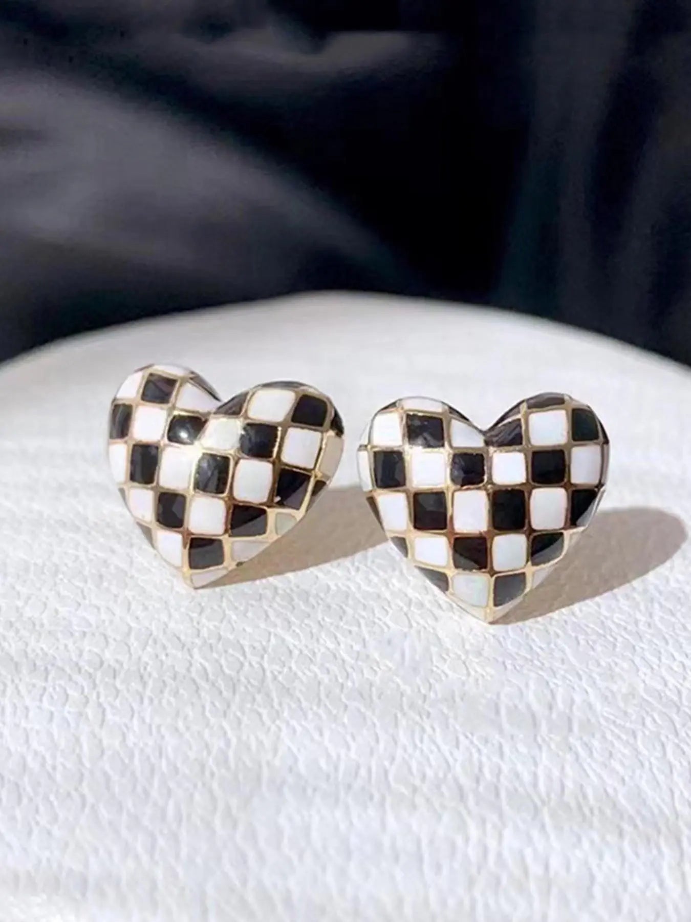 Checkerboard Heart-Shaped Enamel Stud Earrings