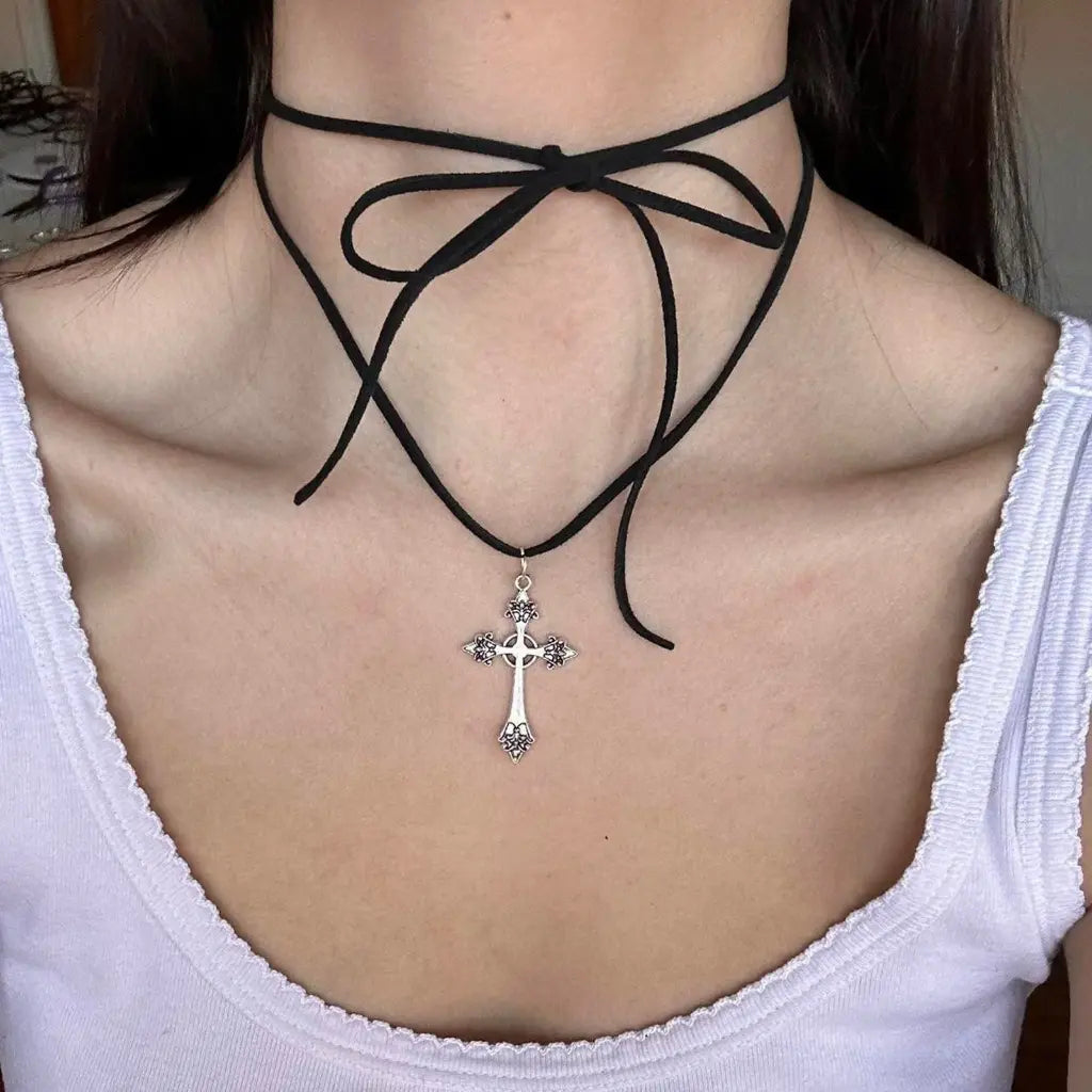 Alloy Cross Pendant Choker Necklace with Tie Neckband