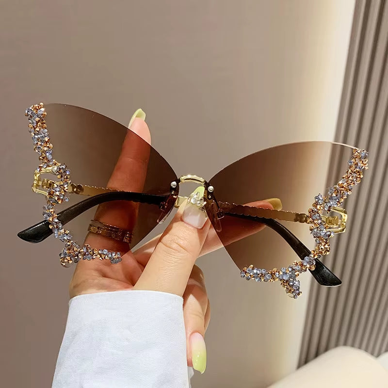 Luxury Diamond Butterfly Rimless Oversized Sunglasses
