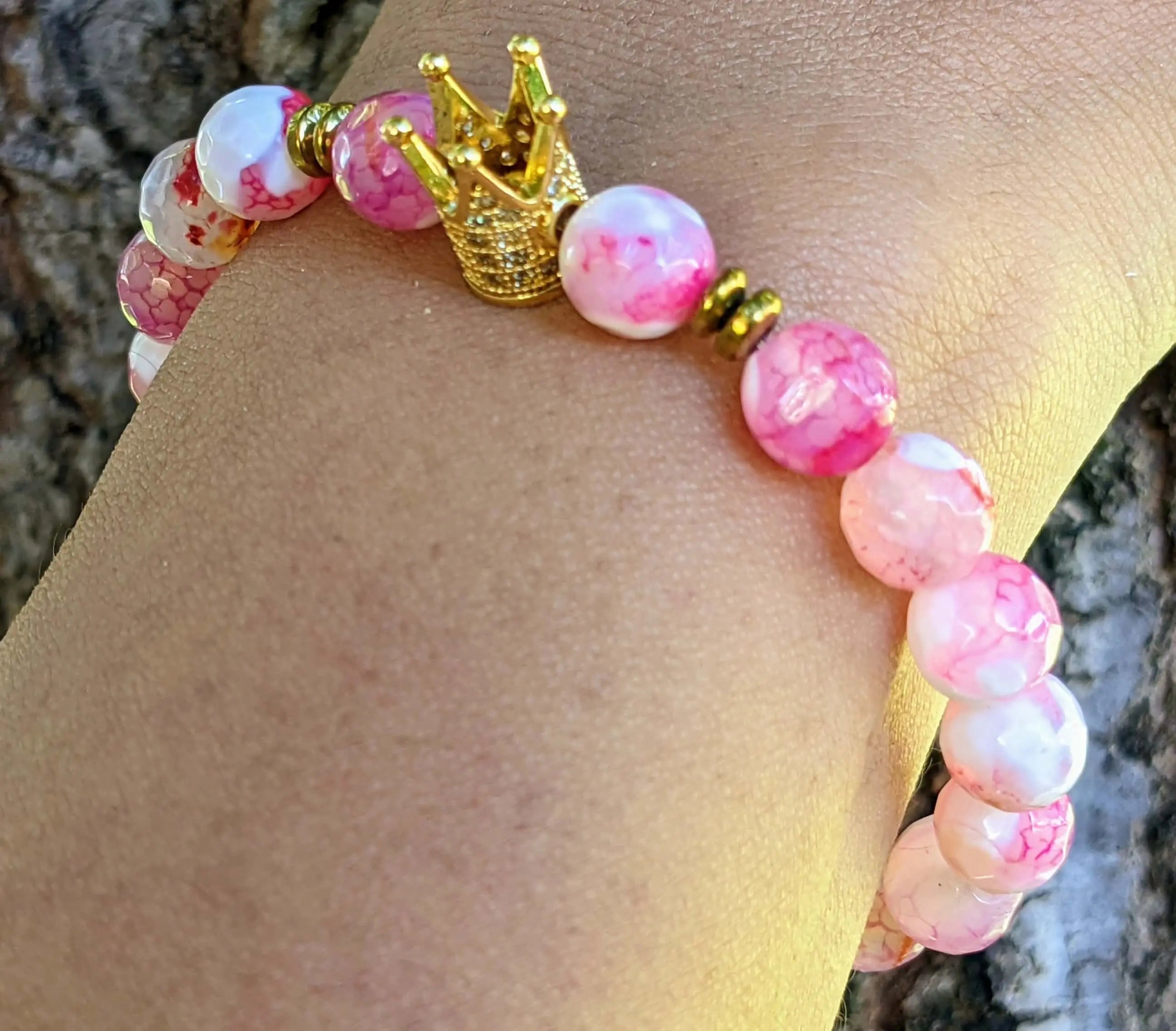 Golden Crown Bracelet featuring White and Pink Agate with Hematite Accents