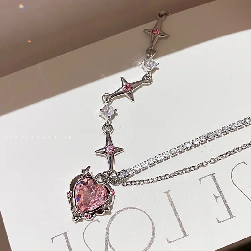Elegant Golden Twist Heart and Star Necklace with Pink Pendant - Marlu Jewelry Collection