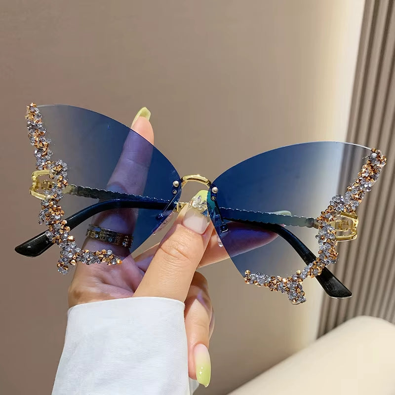 Luxury Diamond Butterfly Rimless Oversized Sunglasses