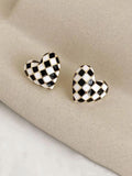 Checkerboard Heart-Shaped Enamel Stud Earrings