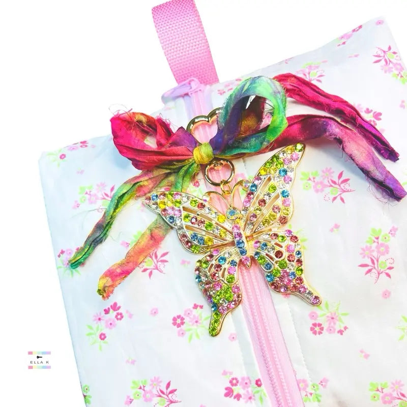 Rhinestone Butterfly Dreams Watercolor Rainbow Sari Silk Bow Bag Charm