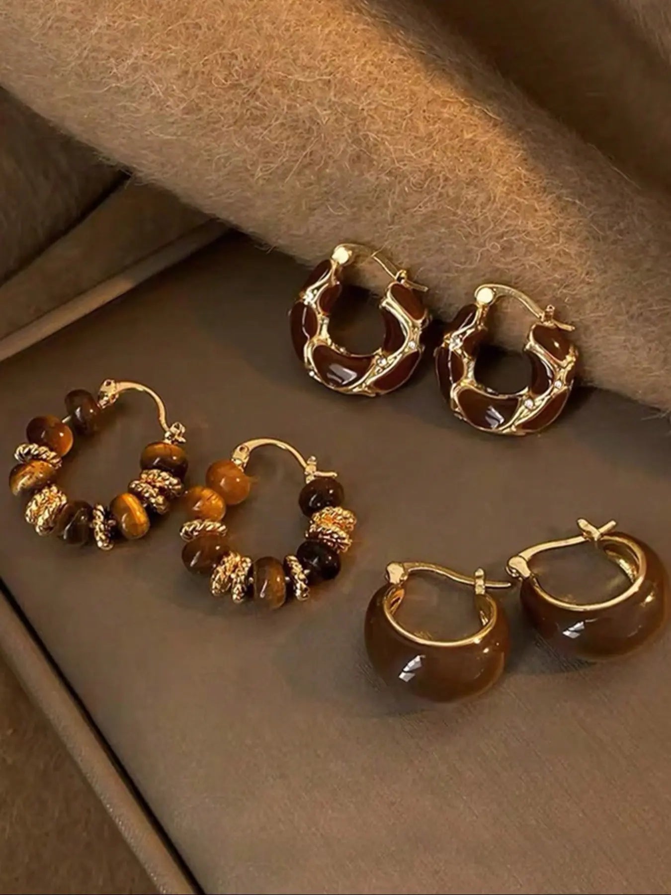 Tiger Eye Stone Hoop Earring Set
