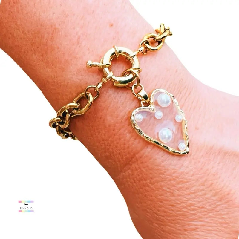 Faux Pearl Heart Charm Gold Chunky Bracelet