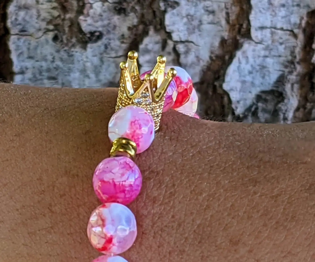 Golden Crown Bracelet featuring White and Pink Agate with Hematite Accents