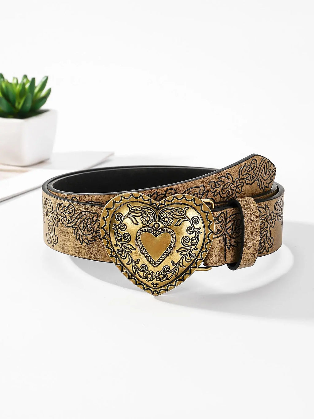 Boho Heart Embossed Buckle Belt