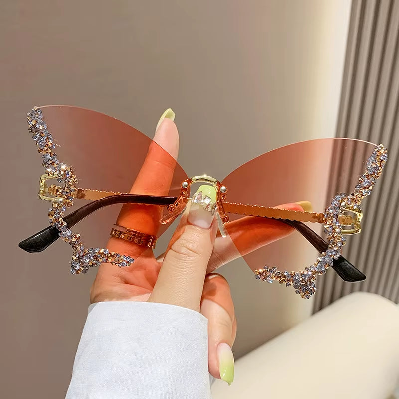 Luxury Diamond Butterfly Rimless Oversized Sunglasses