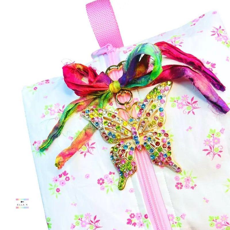 Rhinestone Butterfly Dreams Watercolor Rainbow Sari Silk Bow Bag Charm