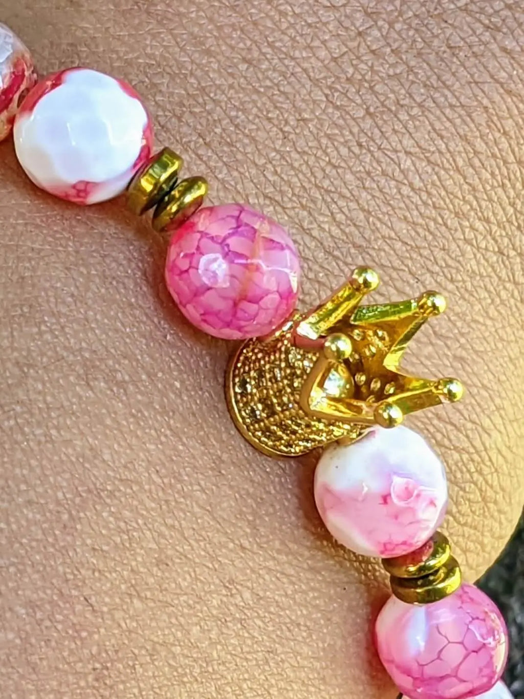 Golden Crown Bracelet featuring White and Pink Agate with Hematite Accents