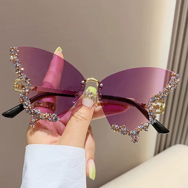 Luxury Diamond Butterfly Rimless Oversized Sunglasses