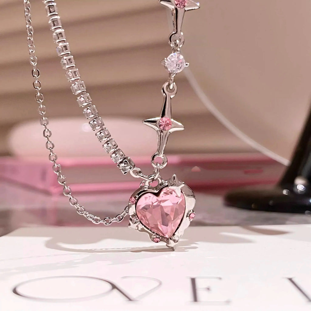 Elegant Golden Twist Heart and Star Necklace with Pink Pendant - Marlu Jewelry Collection
