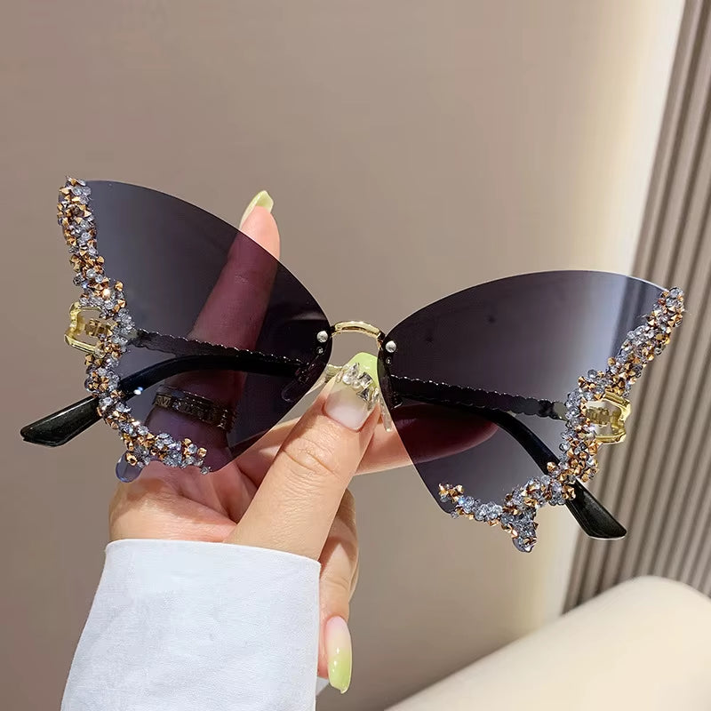 Luxury Diamond Butterfly Rimless Oversized Sunglasses