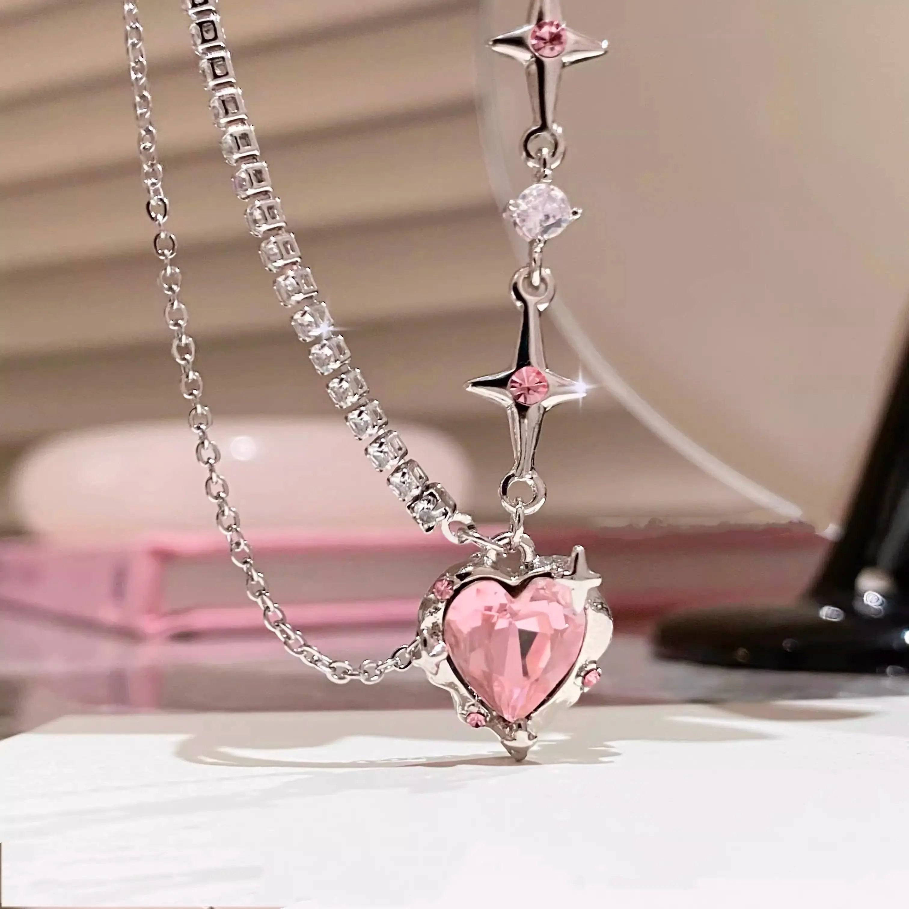 Elegant Golden Twist Heart and Star Necklace with Pink Pendant - Marlu Jewelry Collection