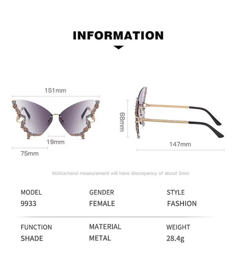 Luxury Diamond Butterfly Rimless Oversized Sunglasses