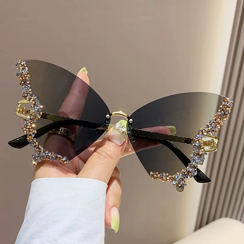 Luxury Diamond Butterfly Rimless Oversized Sunglasses