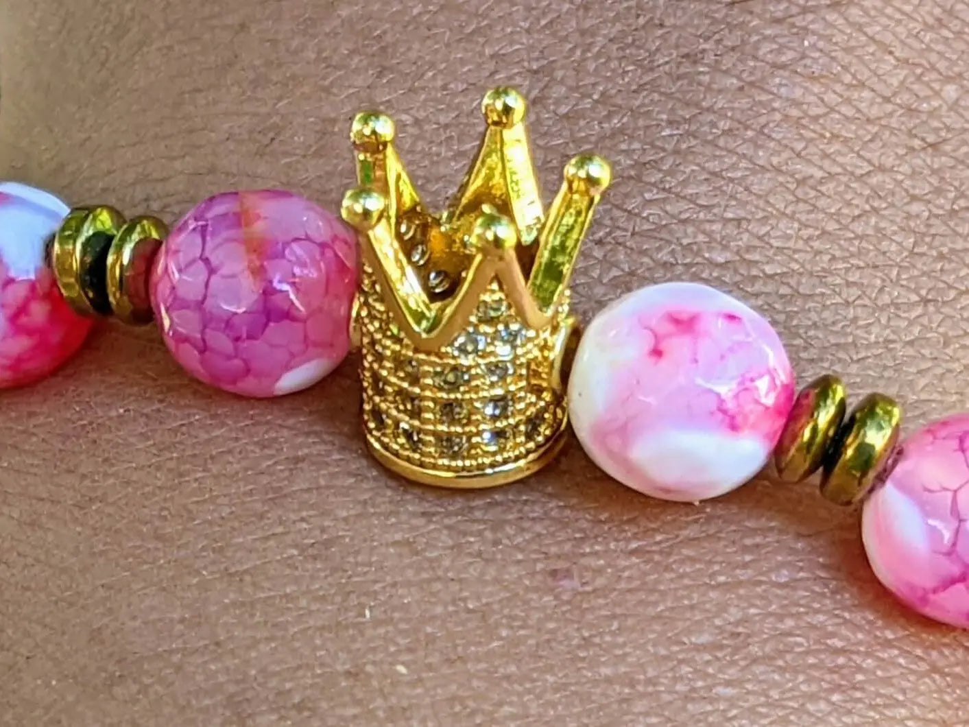 Golden Crown Bracelet featuring White and Pink Agate with Hematite Accents