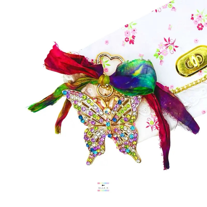 Rhinestone Butterfly Dreams Watercolor Rainbow Sari Silk Bow Bag Charm
