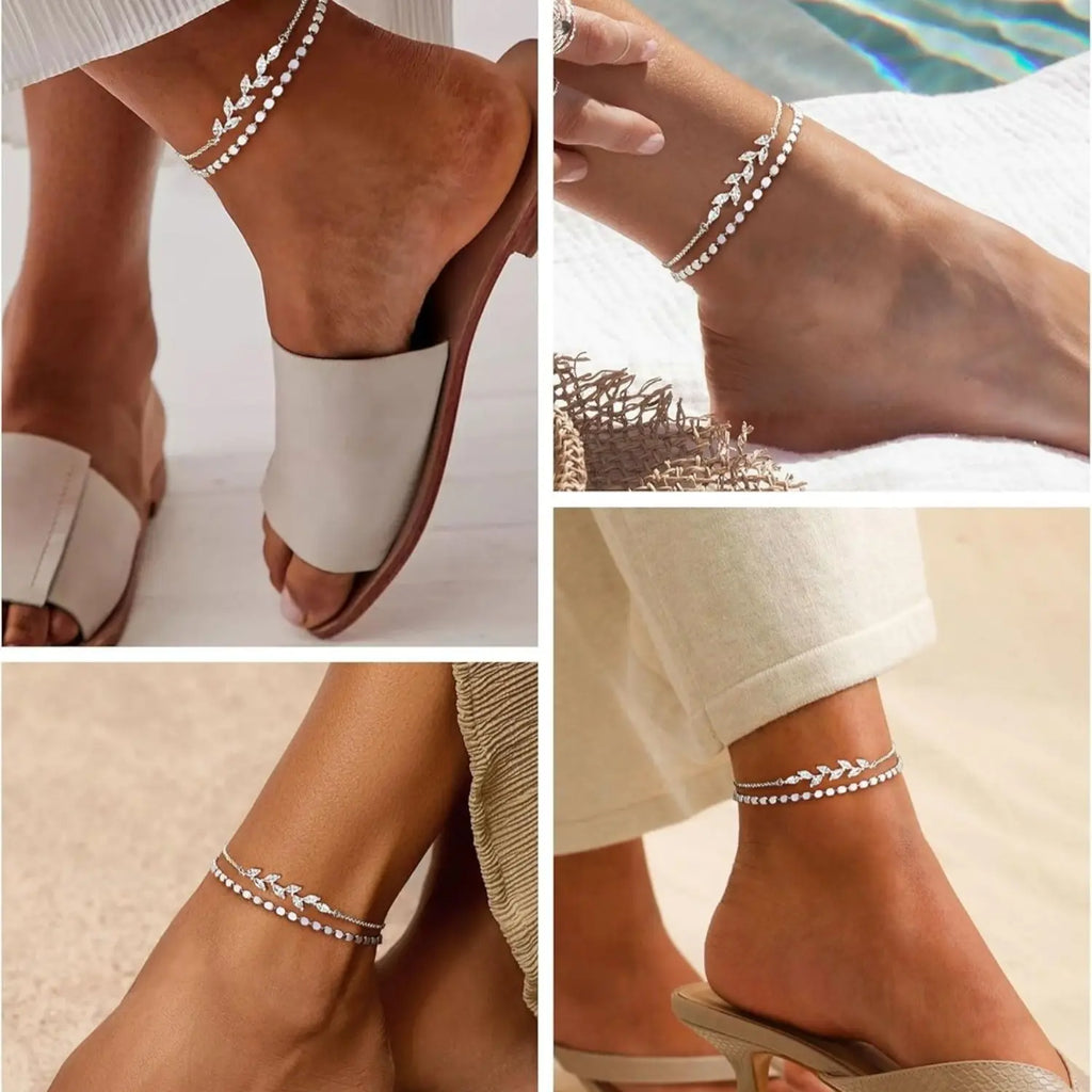 Cassieca Adjustable Silver Ankle Bracelet - 2PC Stackable
